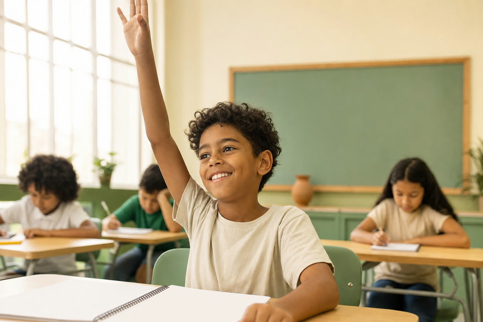 Menino sorridente levantando a mão em sala de aula, demonstrando confiança