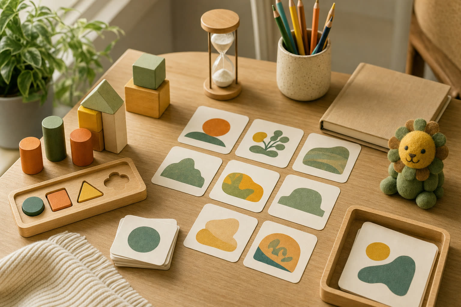 Materiais lúdicos usados na avaliação neuropsicológica infantil: blocos de madeira, cartas ilustradas, ampulheta e lápis de cor